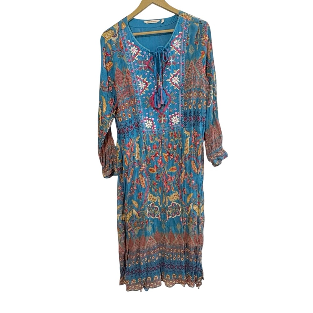 Soft Surroundings Size 1X Teal Multicolor Embroidered Mesh Midi Dress Aztec Boho